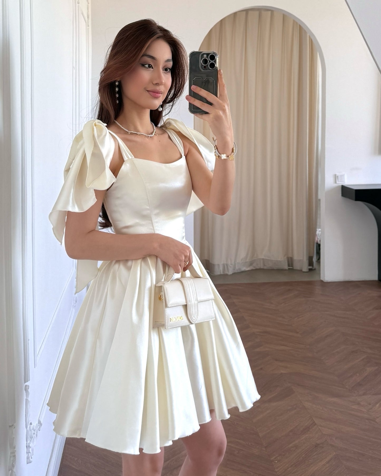 Satin Corset Mini Dress with Shoulder Bows