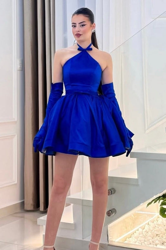 Halter Satin A-Line Mini Dress with Gloves