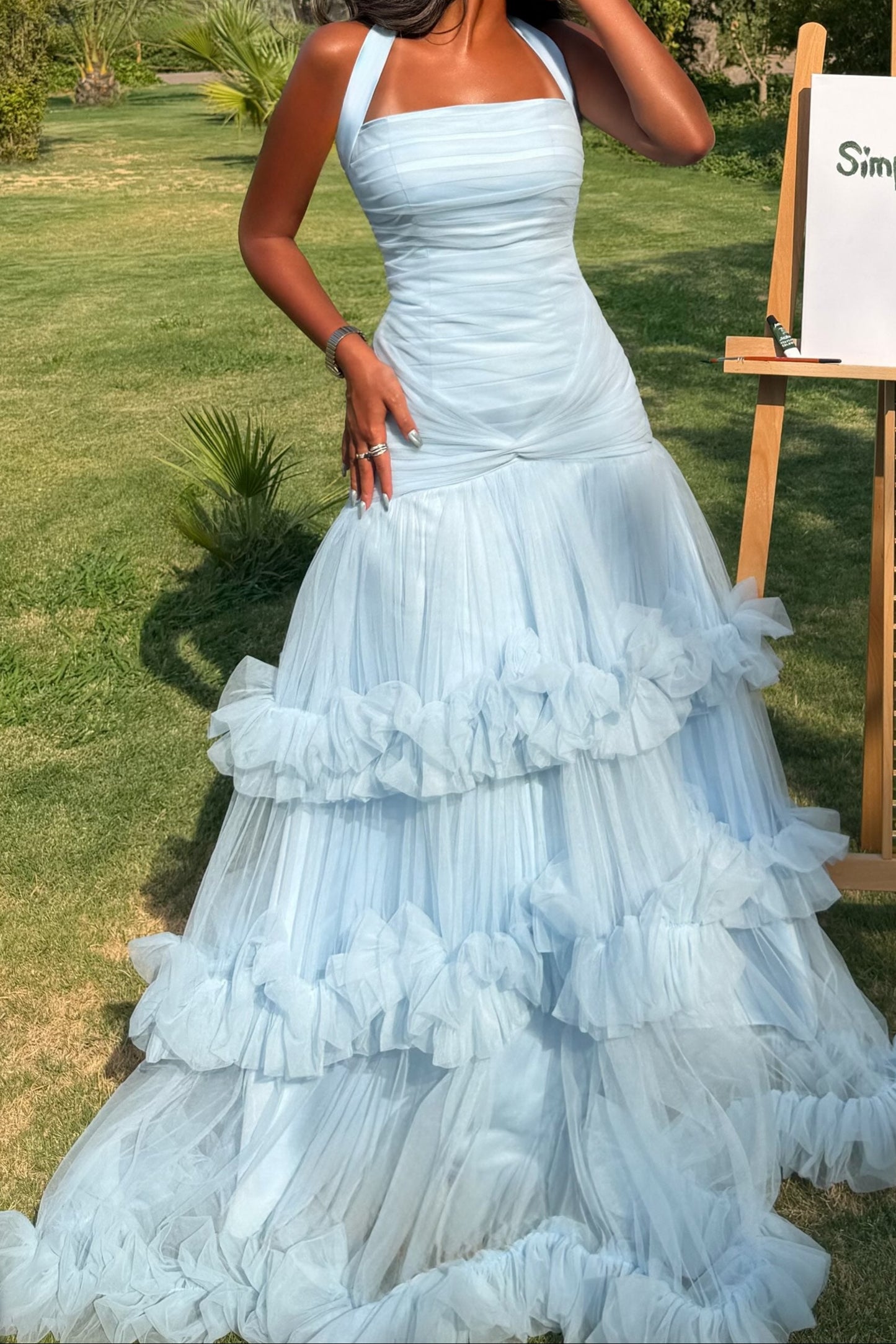 Tiered Tulle Ruffle Halter Evening Gown
