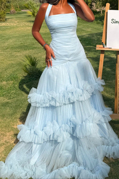 Tiered Tulle Ruffle Halter Evening Gown