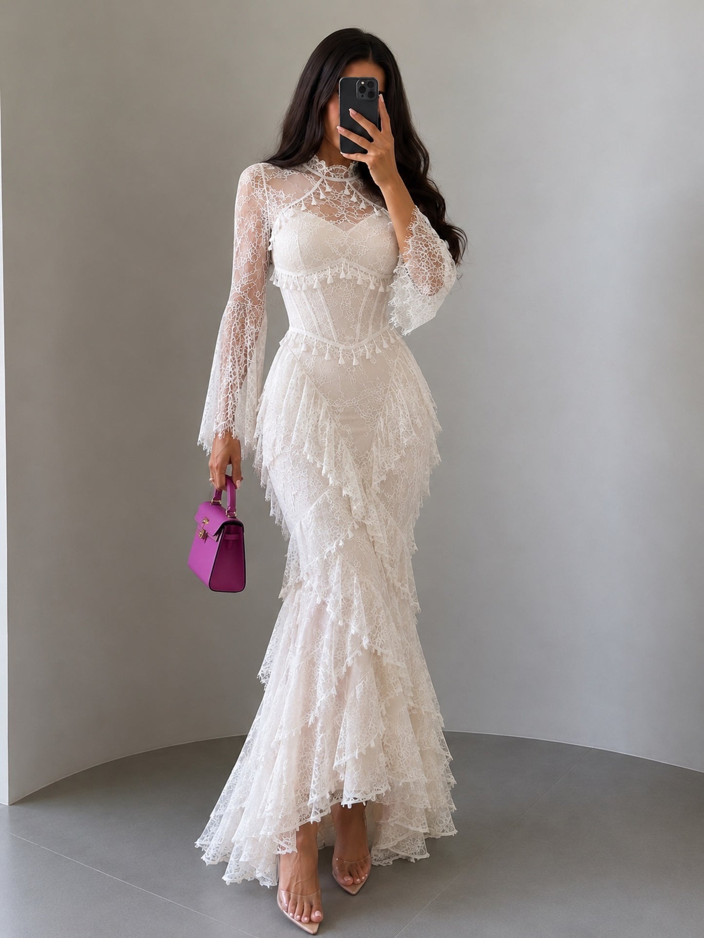 High-Neck Corset Lace Maxi Dress with Bell Sleeves