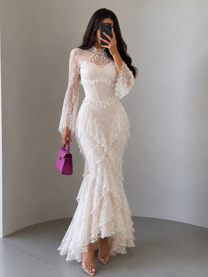 High-Neck Corset Lace Maxi Dress with Bell Sleeves