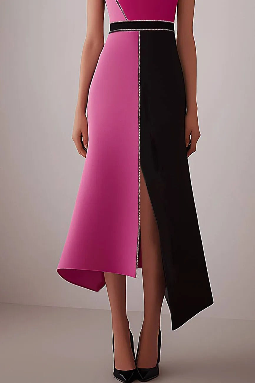 High-Neck Rhinestone Trim Asymmetrical Midi Dress