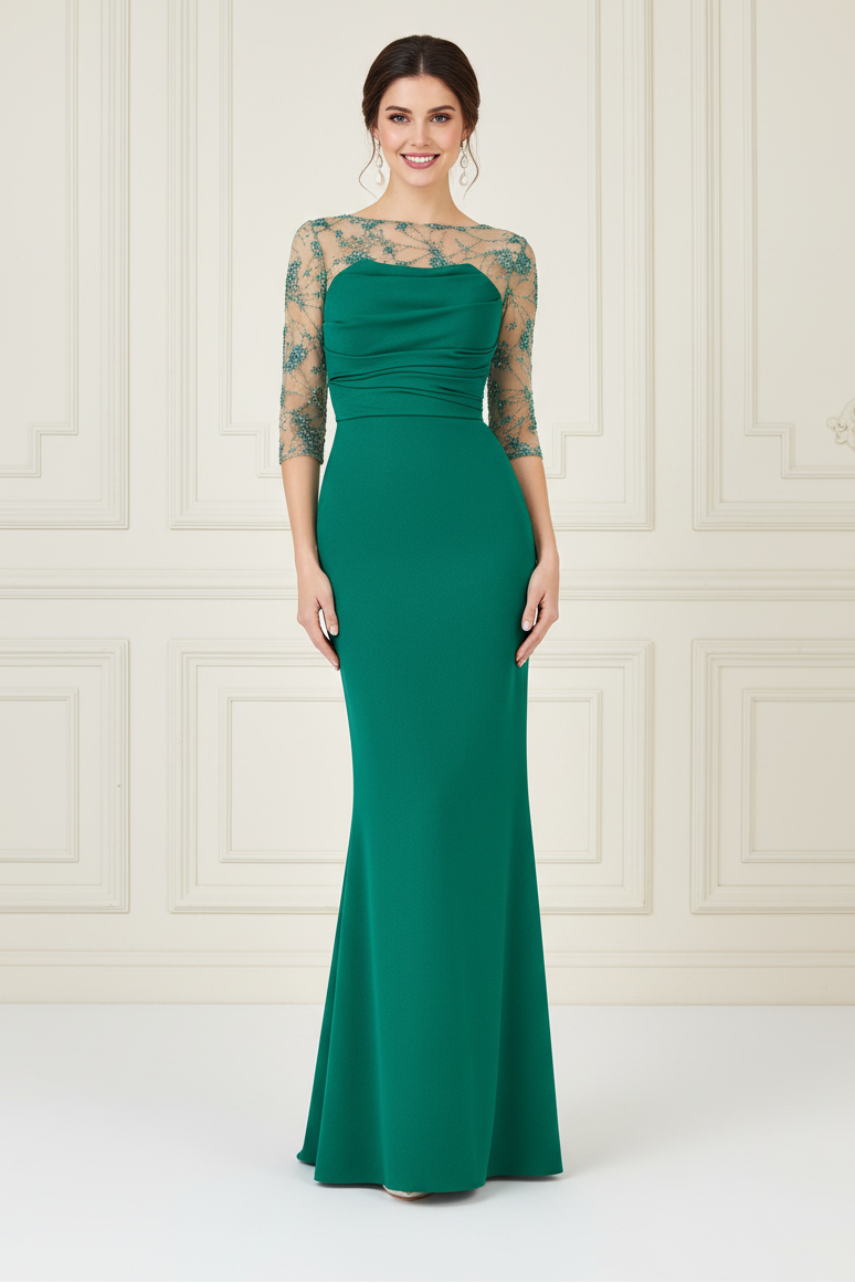Ruched Illusion Bateau Neck Evening Gown