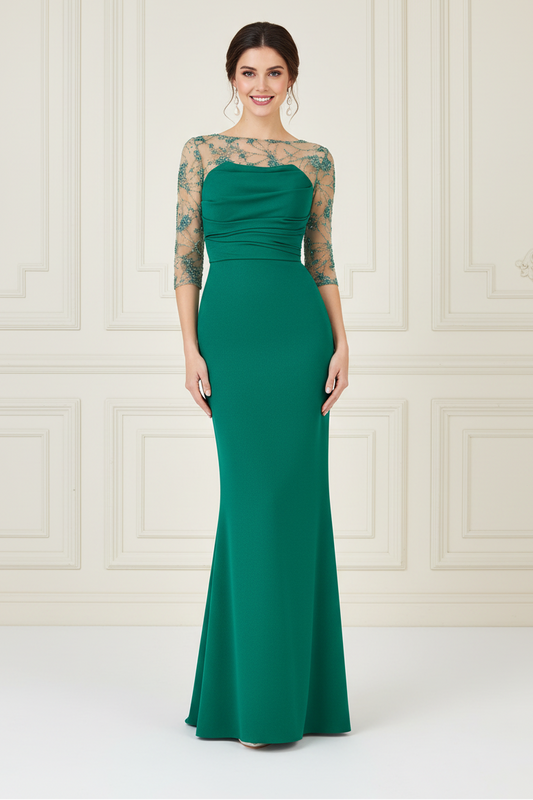 Ruched Illusion Bateau Neck Evening Gown