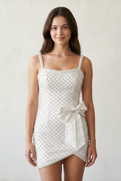 Pearl-Embellished Bowknot Sheath Mini Dress