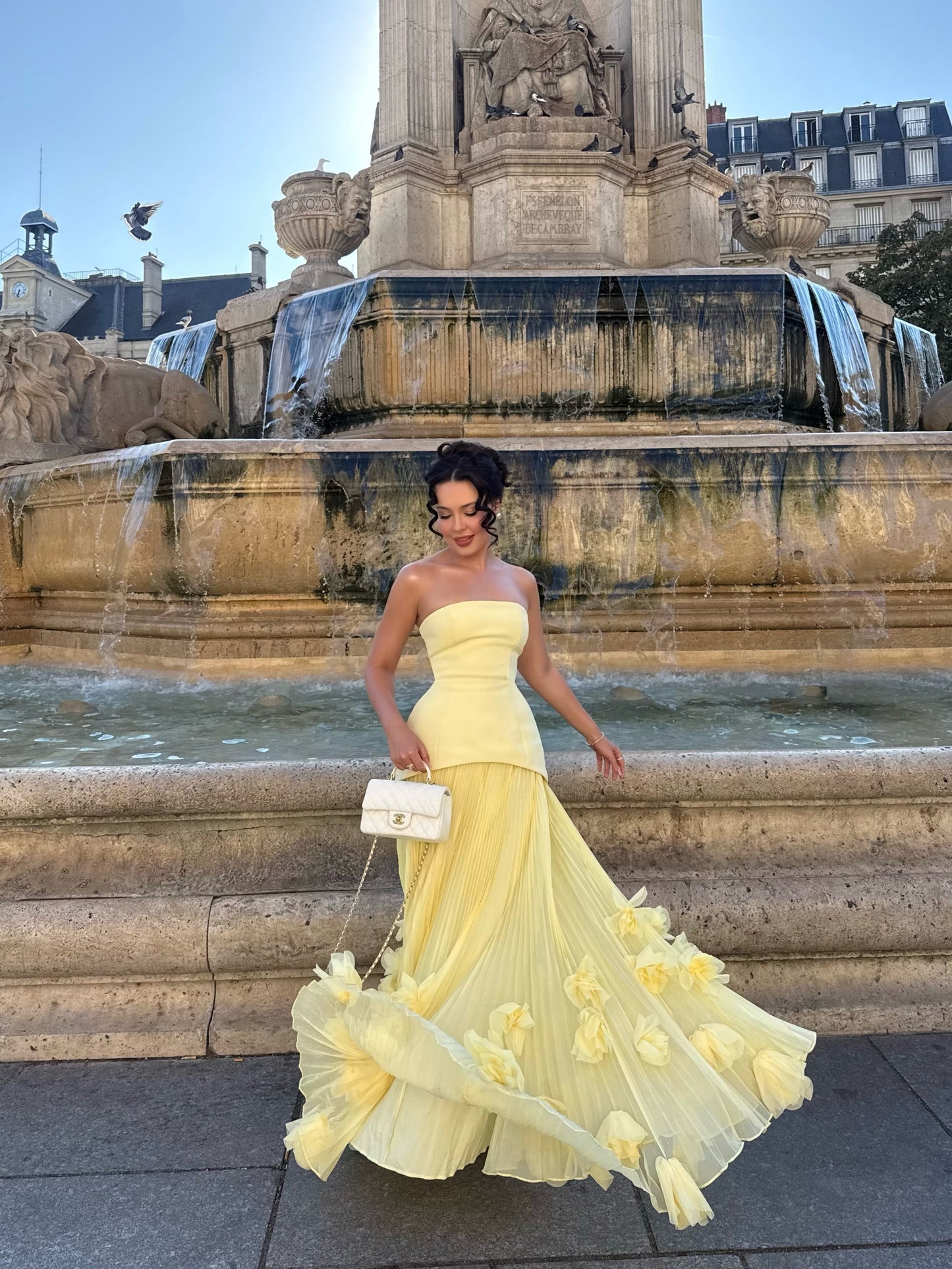 Strapless Pleated Evening Gown with 3D Florals