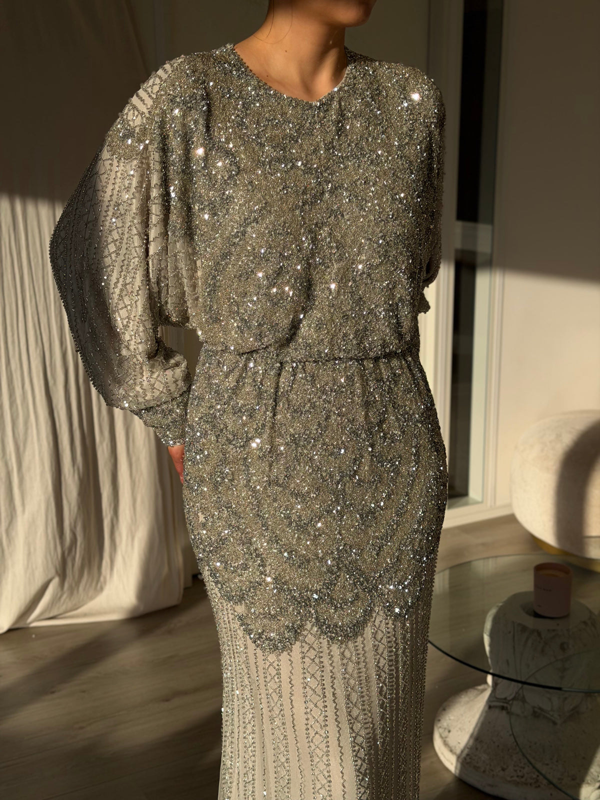 Beaded Blouson Maxi Dress with Dolman Sleeves