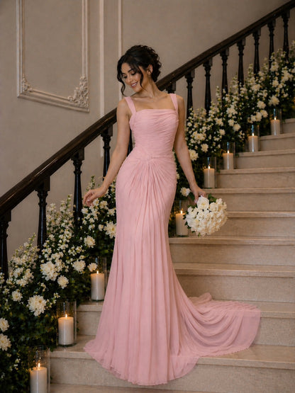 Ruched Chiffon Column Evening Gown with Train