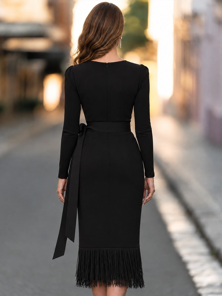 Long Sleeve Fringe Hem Midi Dress with Sash