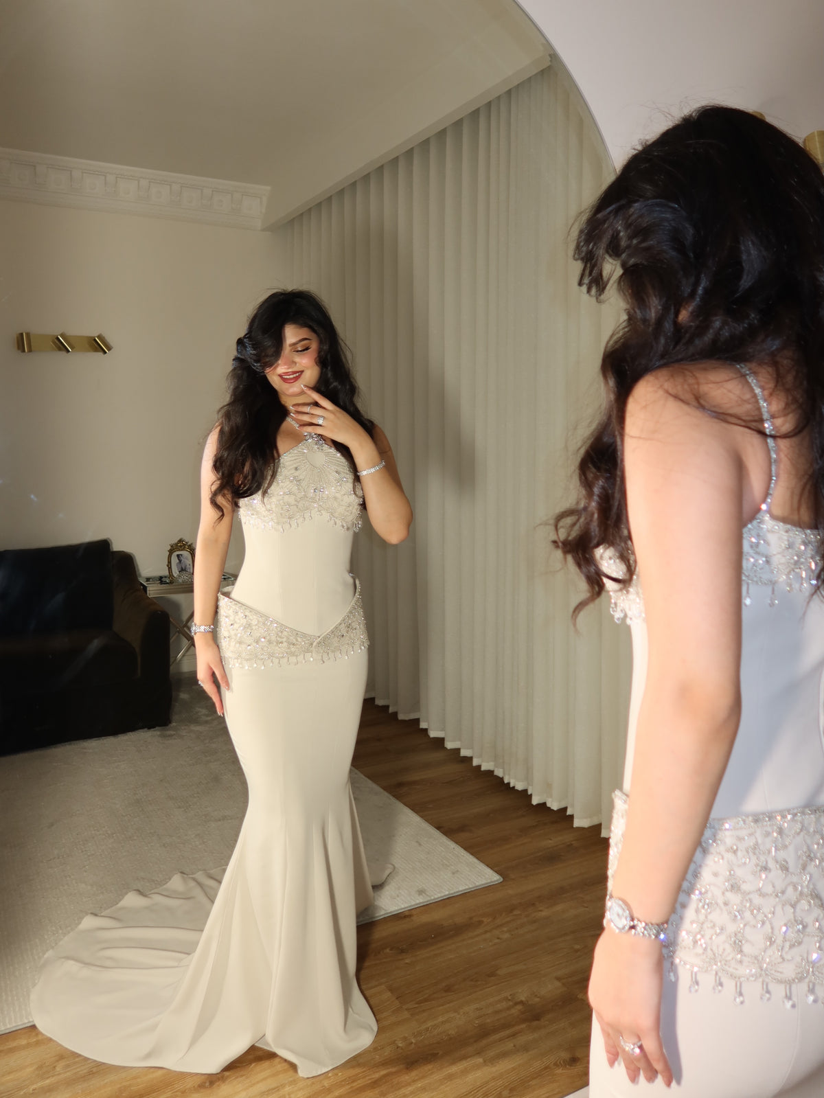 Beaded Halter Mermaid Evening Gown with Train