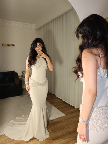 Beaded Halter Mermaid Evening Gown with Train