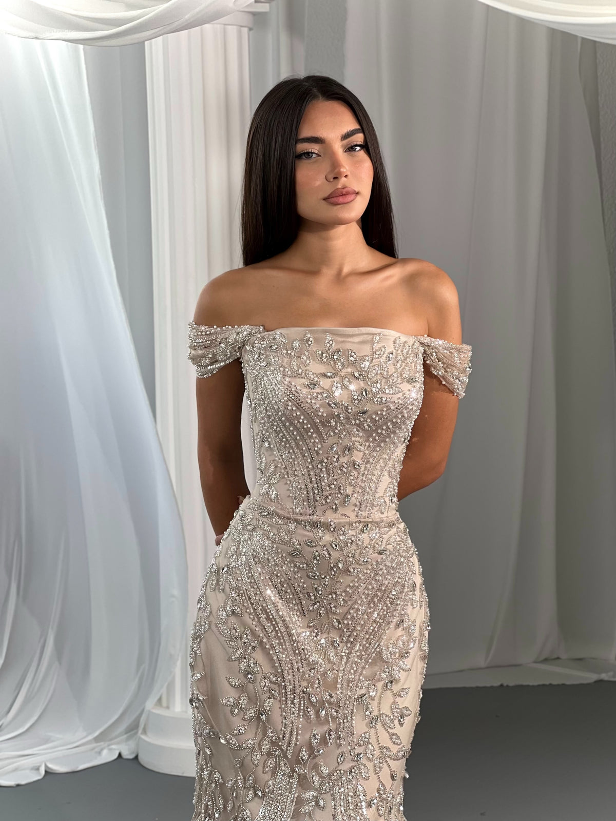 Off-the-Shoulder Beaded Column Evening Gown