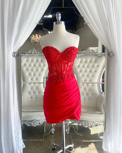 Strapless Sweetheart Corset Ruched Satin Mini Dress