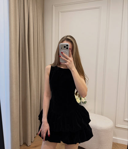 Tiered Velvet Bubble Skirt Mini Dress