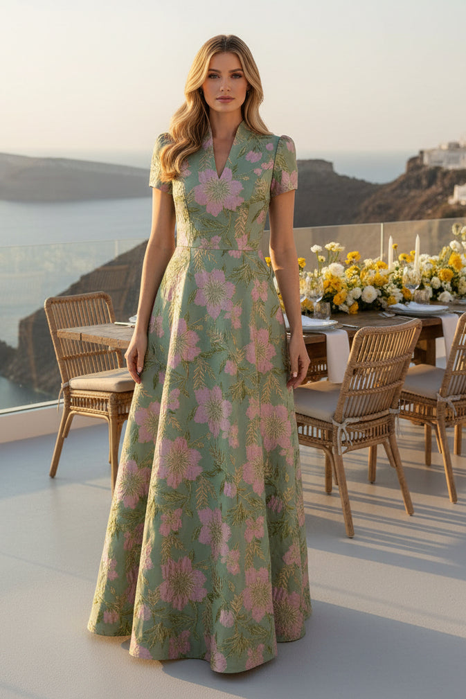 Floral Jacquard A-Line Gown with Mandarin V-Neck