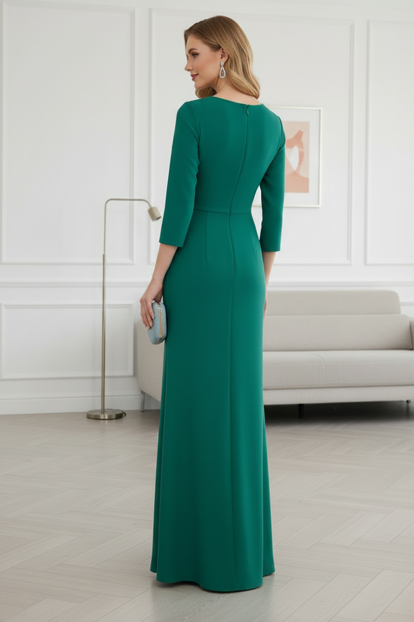 3/4 Sleeve Column Gown with 3D Floral Ruffle