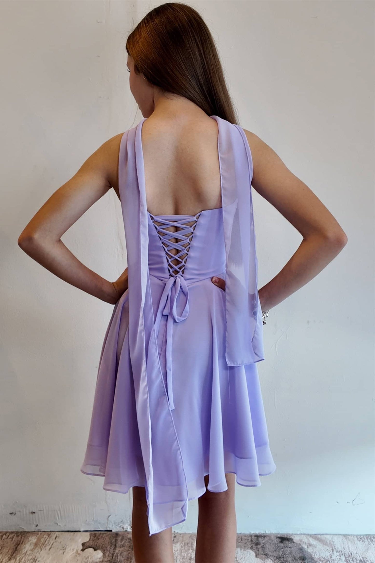 Chiffon A-Line Dress with Halter Sash and Lace-Up Back