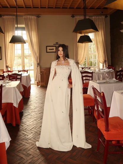 Beaded Square Neck Evening Gown with Cape