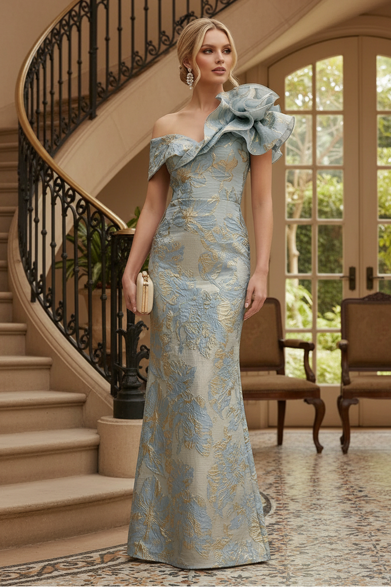 Asymmetrical Ruffle One Shoulder Jacquard Evening Gown