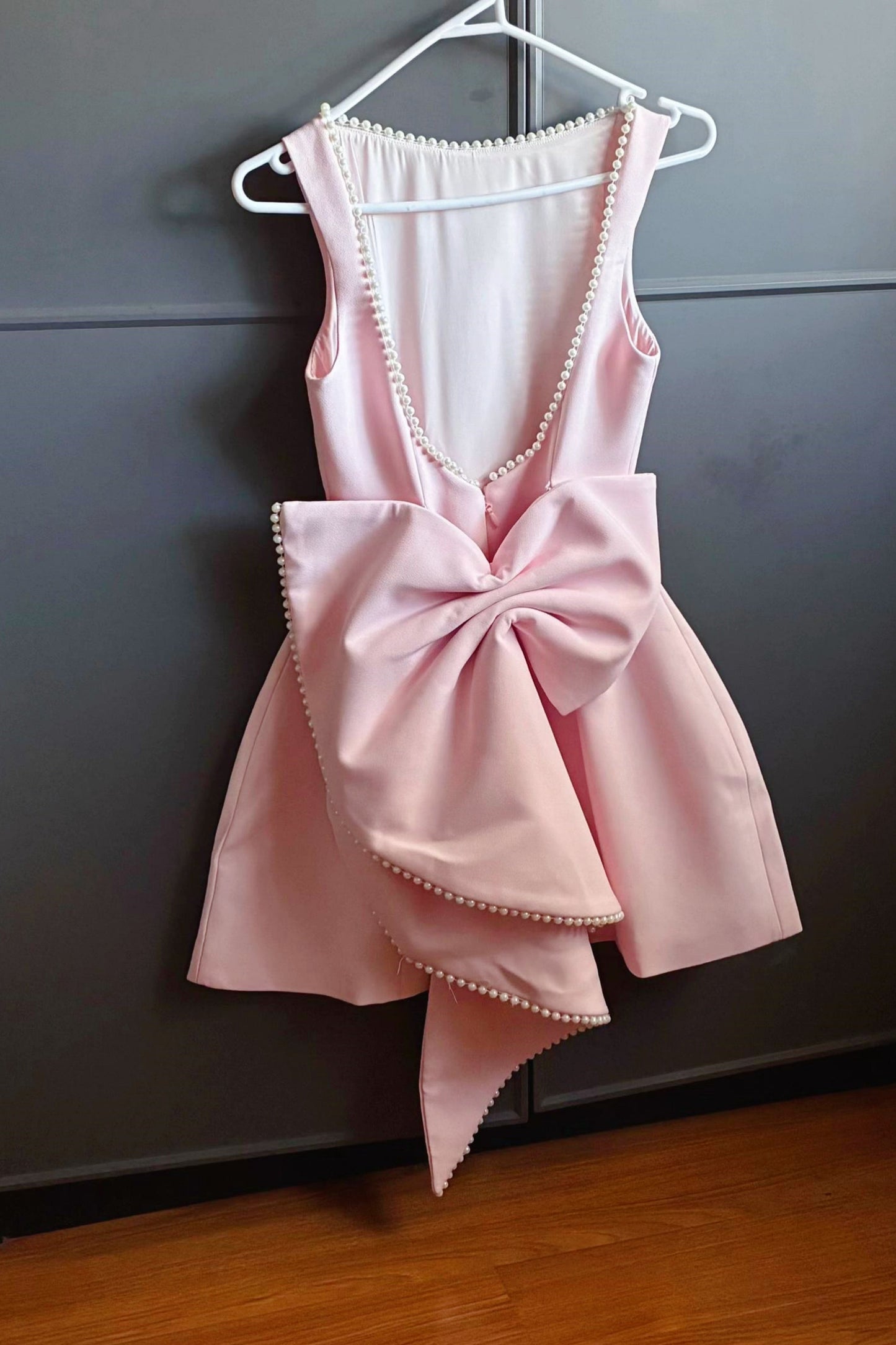 Backless Mini Dress with Pearl Trim and Bow