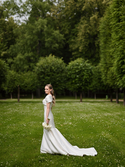 A-Line Satin Wedding Dress with Folded Cap Sleeves