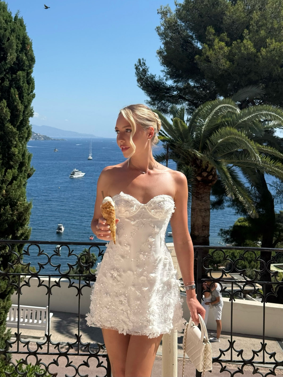 Strapless 3D Floral Applique Mini Dress