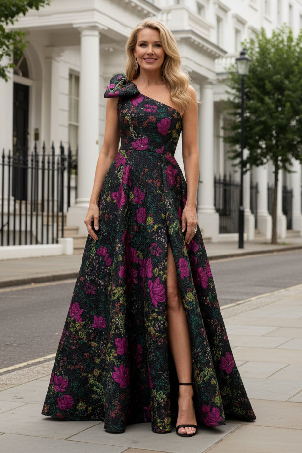 One Shoulder Floral Jacquard Gown with High Slit