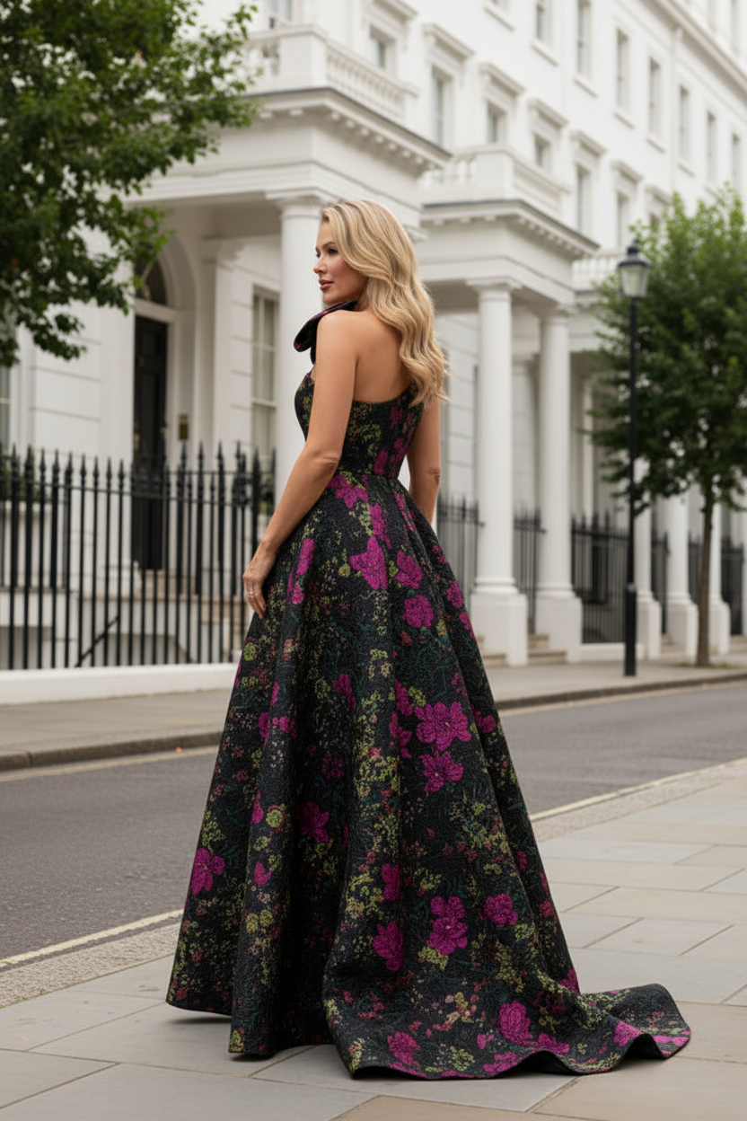 One Shoulder Floral Jacquard Gown with High Slit