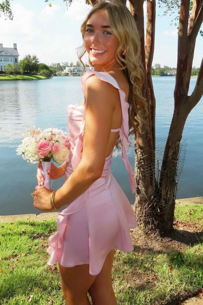 Ruffled Satin Mini Dress with Open Back