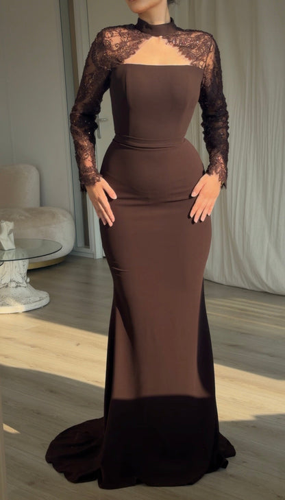 Lace Mock Neck Mermaid Gown with Long Sleeves