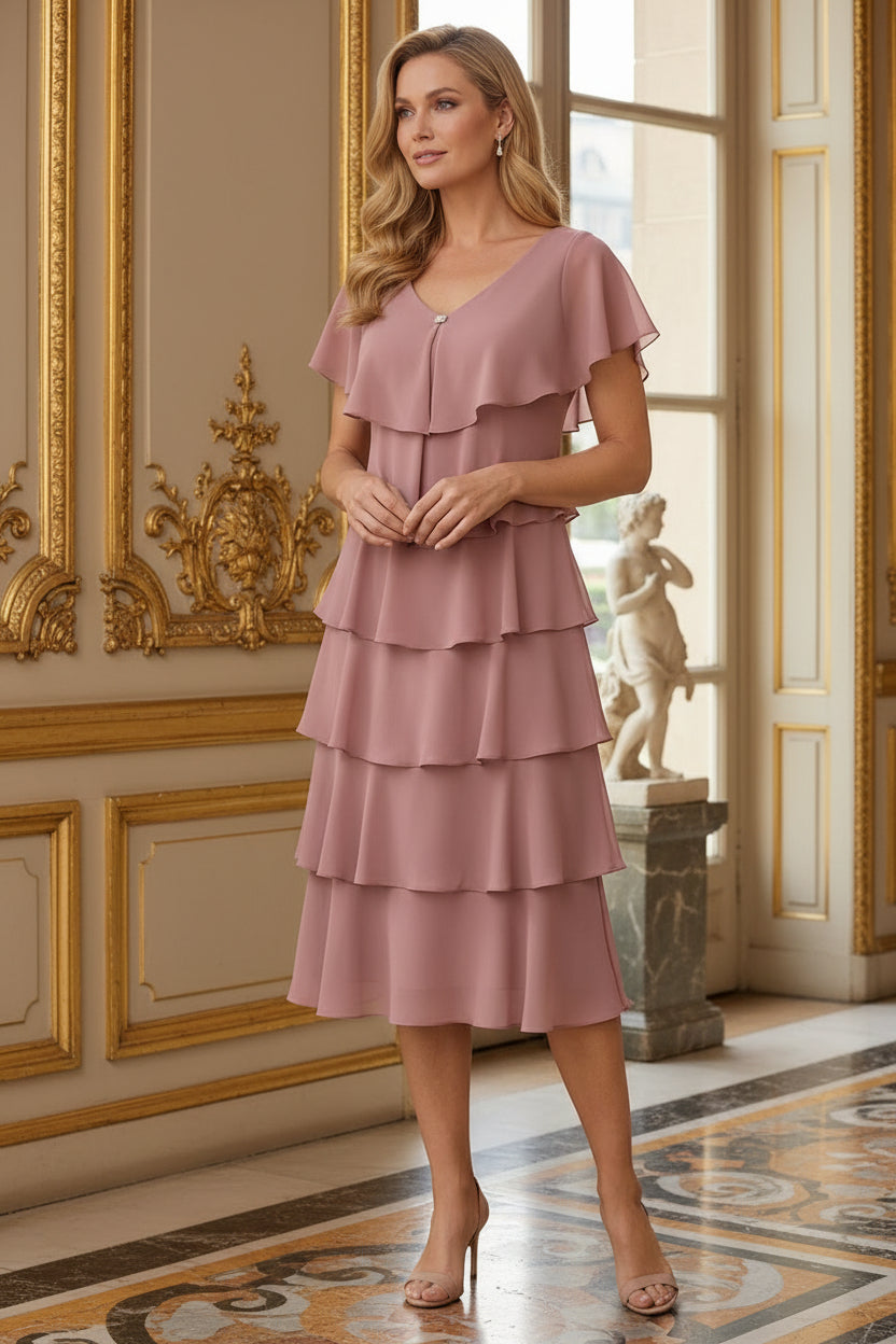 Tiered Midi Dress with Flutter Sleeves