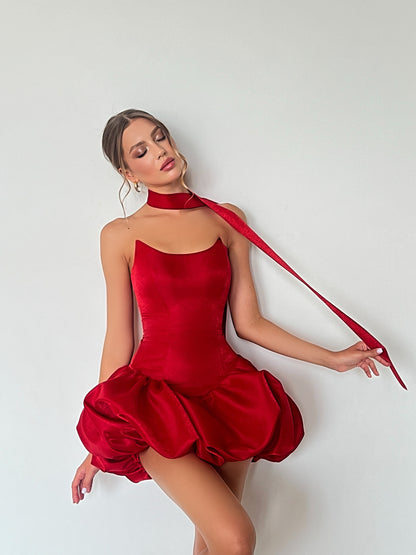 Satin Corset Bubble Mini Dress with Neck Tie