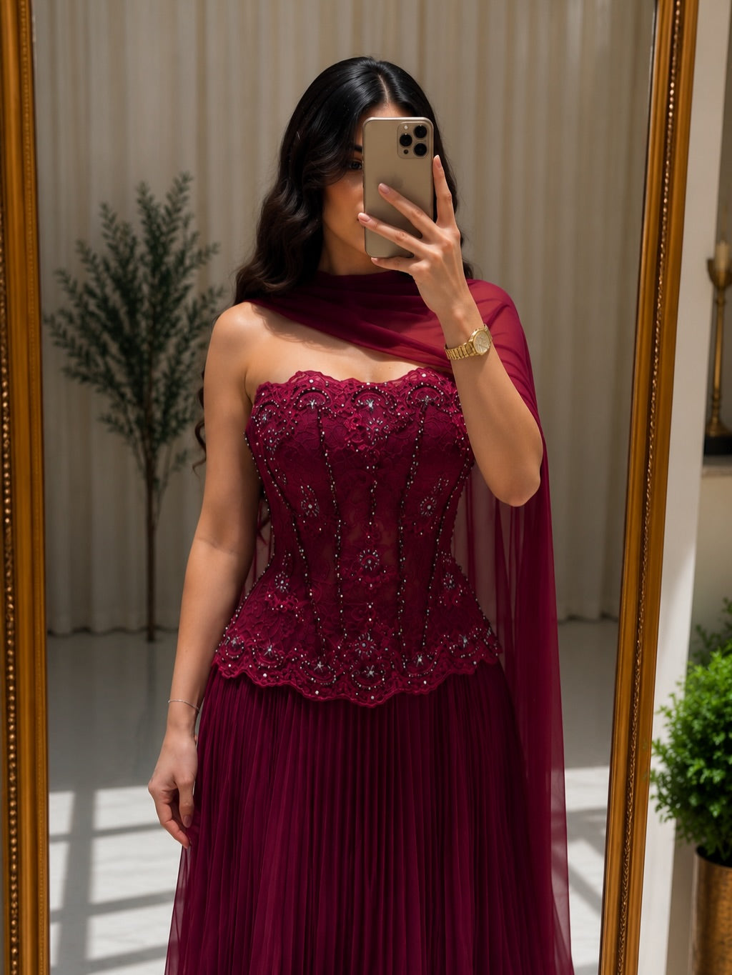Strapless Beaded Corset Pleated Gown