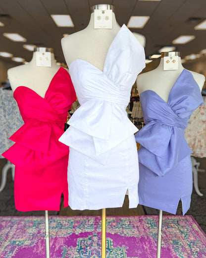One-Shoulder Drape Bow Mini Dress with Slit