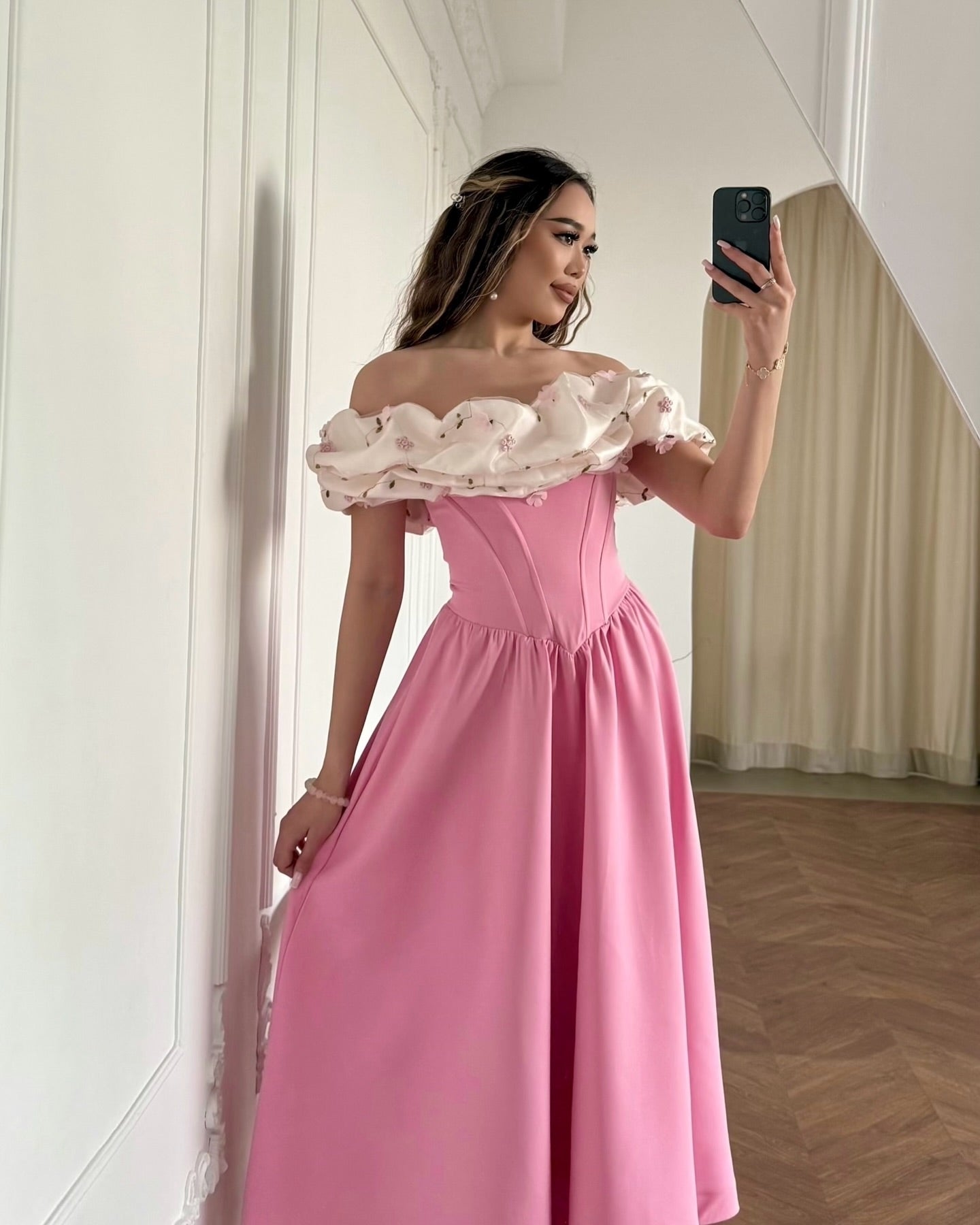 Off-the-Shoulder Corset Midi Dress with Floral Ruffle