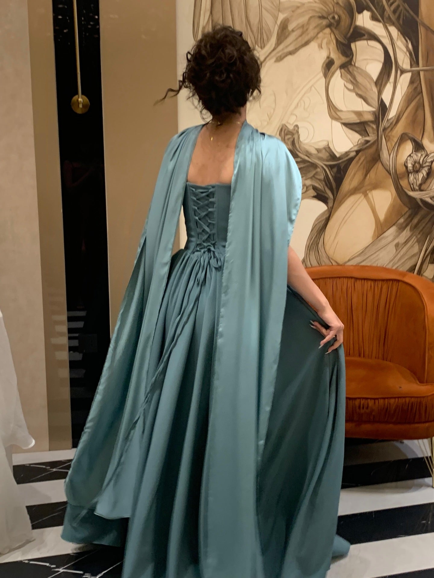 Strapless Corset Evening Gown with Matching Cape