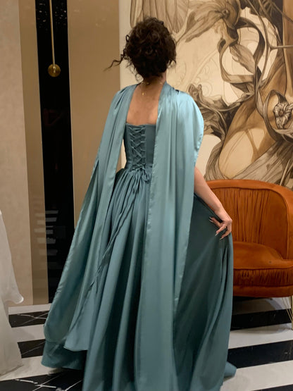 Strapless Corset Evening Gown with Matching Cape