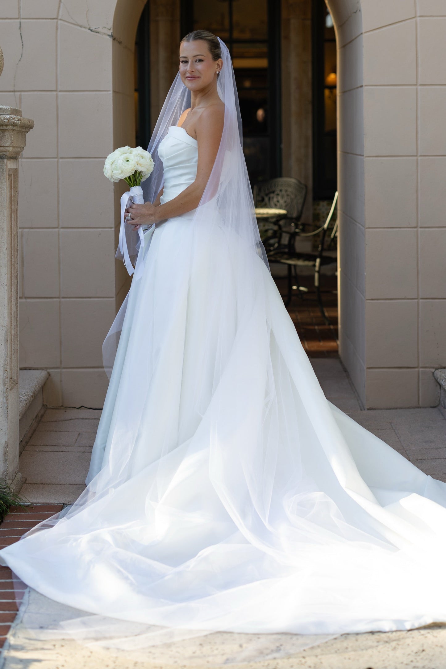 Strapless Ruched Bodice Wedding Dress with Train