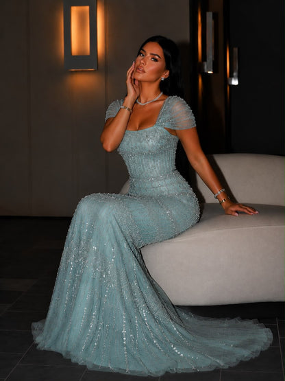 Beaded Cap Sleeve Mermaid Evening Gown