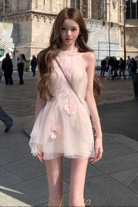 Halter Neck Tiered Tulle Mini Dress with 3D Flowers