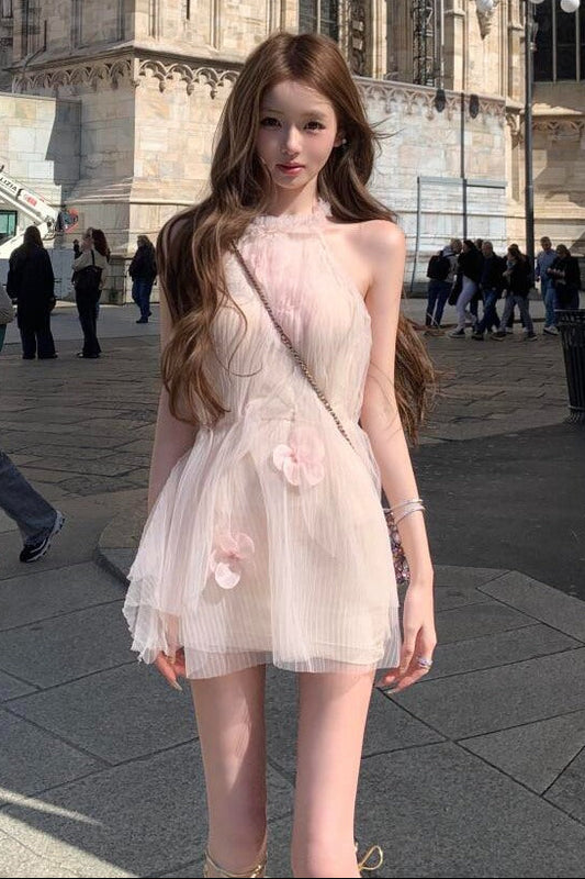 Halter Neck Tiered Tulle Mini Dress with 3D Flowers