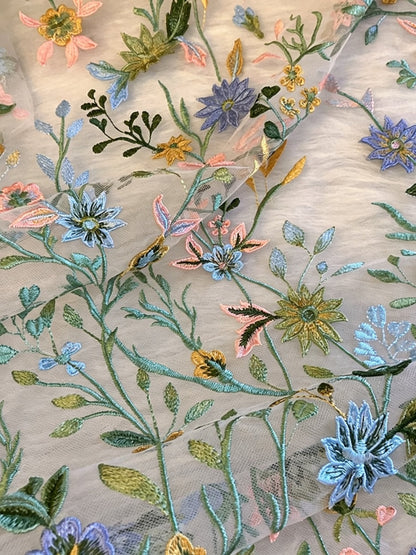 Embroidered Floral Tea-Length Dress with Cape Overlay