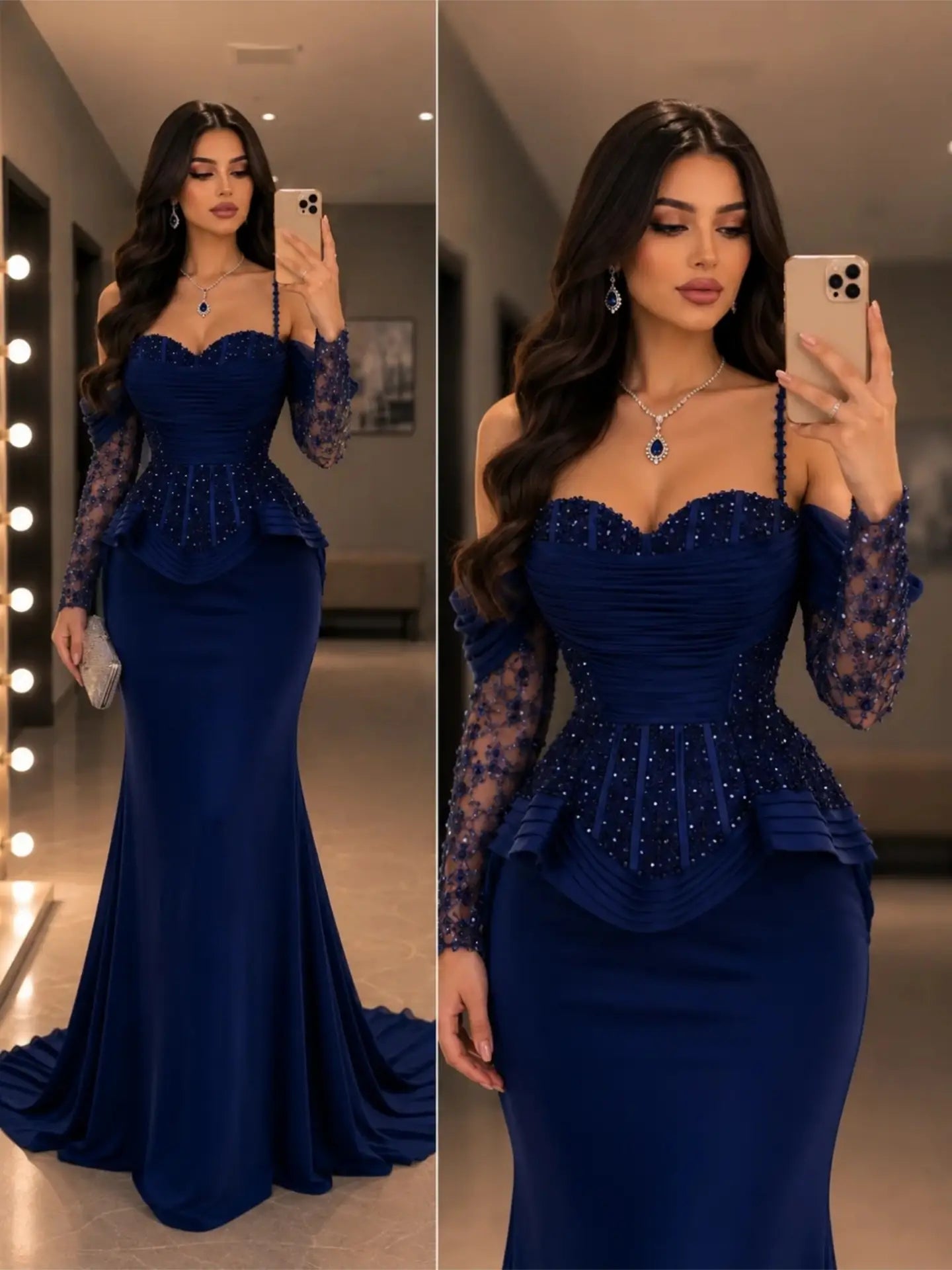 Beaded Peplum Mermaid Evening Gown with Sleeves