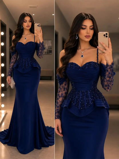 Beaded Peplum Mermaid Evening Gown with Sleeves