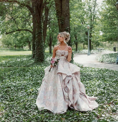 Floral Jacquard Tiered Ball Gown with 3D Flower