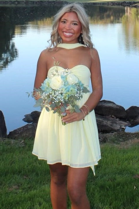 Sweetheart Chiffon Mini Dress with Neck Sash