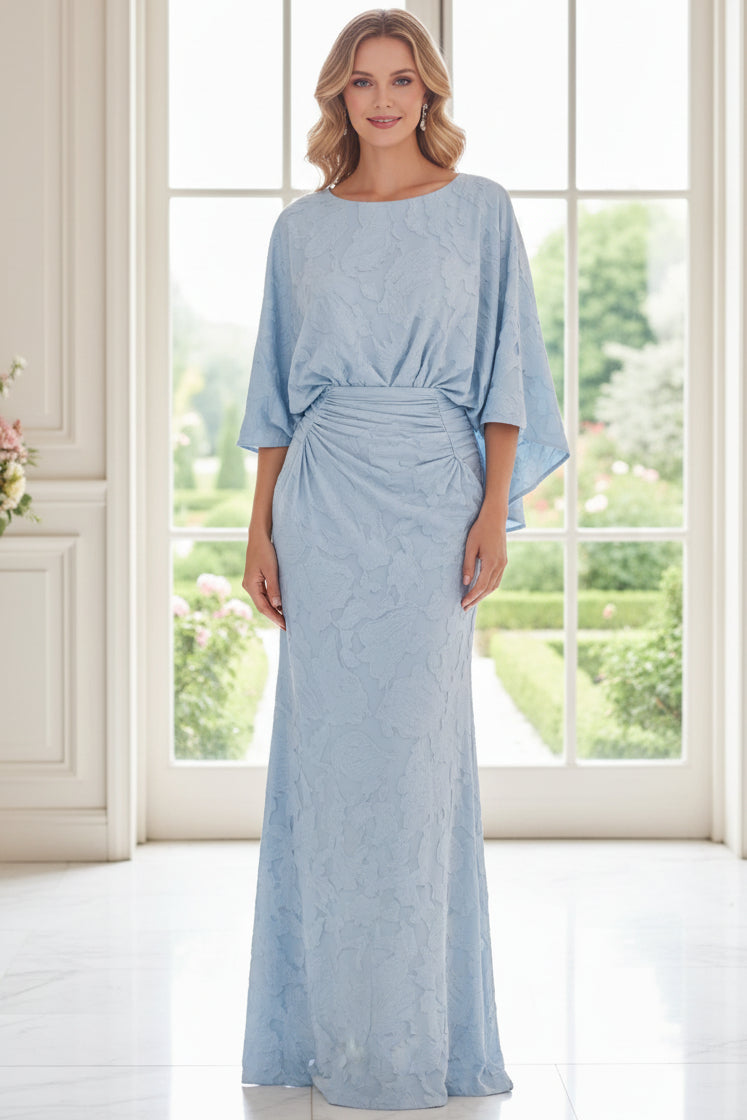 Elegant Light Blue Jacquard Bateau Neck Half Sleeve Maxi Dress with Pockets