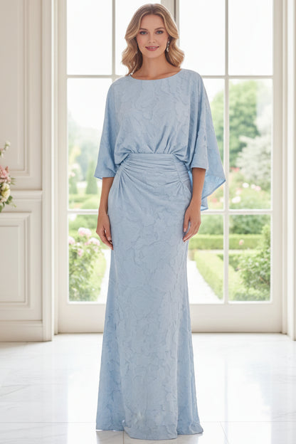 Elegant Light Blue Jacquard Bateau Neck Half Sleeve Maxi Dress with Pockets