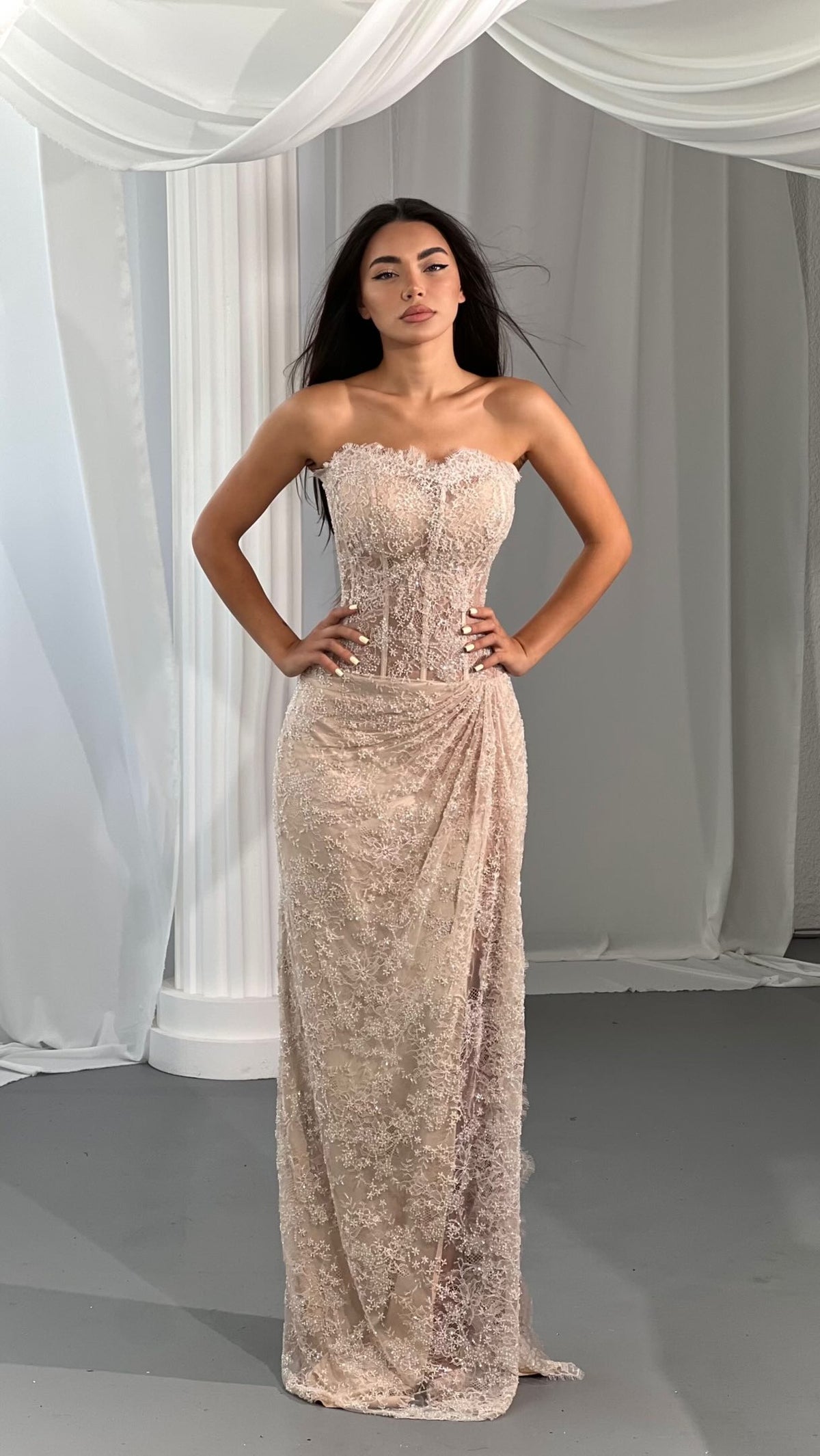 Strapless Lace Corset Column Gown with Draped Skirt